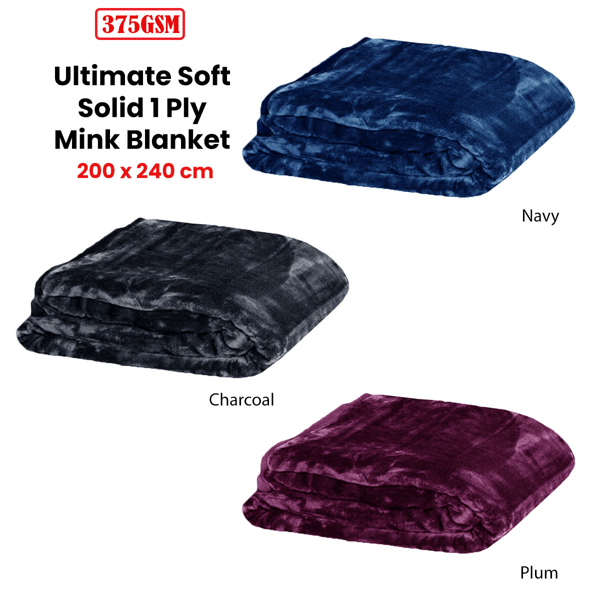 375gsm 1 Ply Solid Faux Mink Blanket Queen 200x240 cm Charcoal — image 2