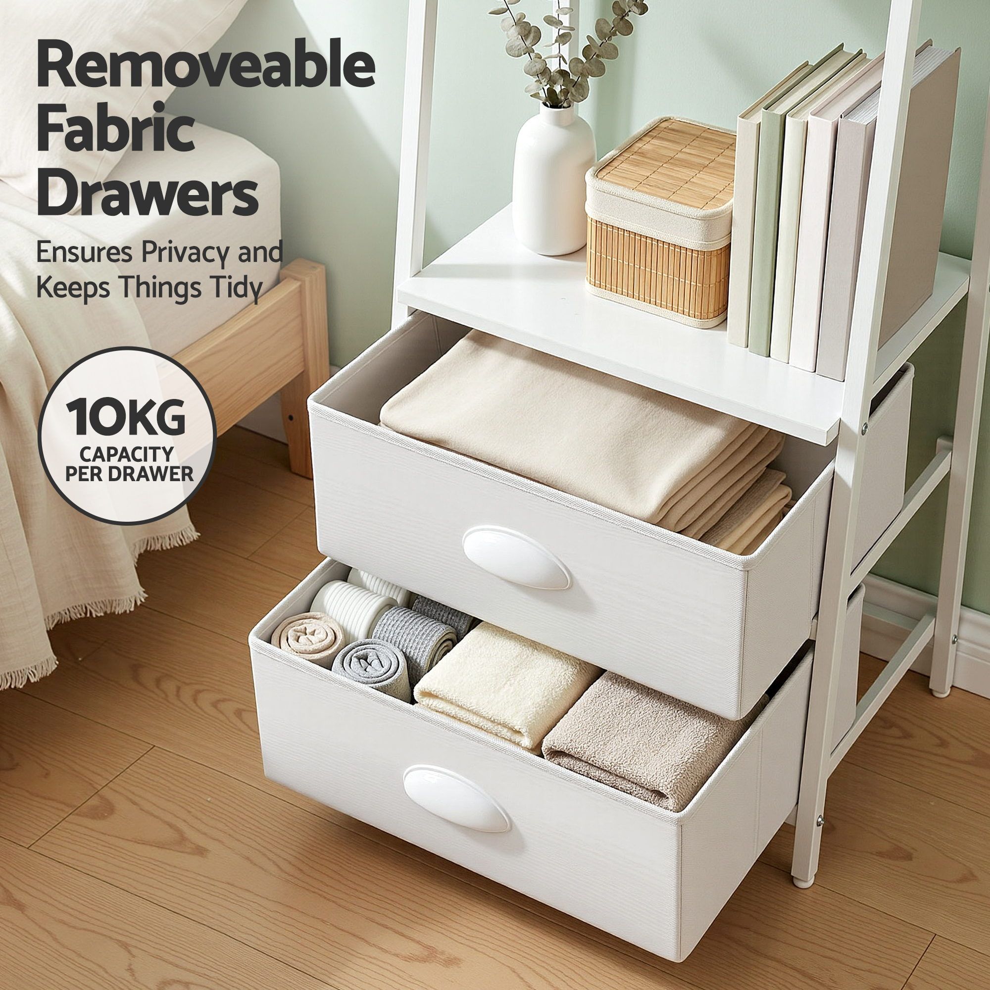 Artiss 5 Tier Bookshelf Ladder Bookcase with Fabric Drawers Display Rack White — image 6