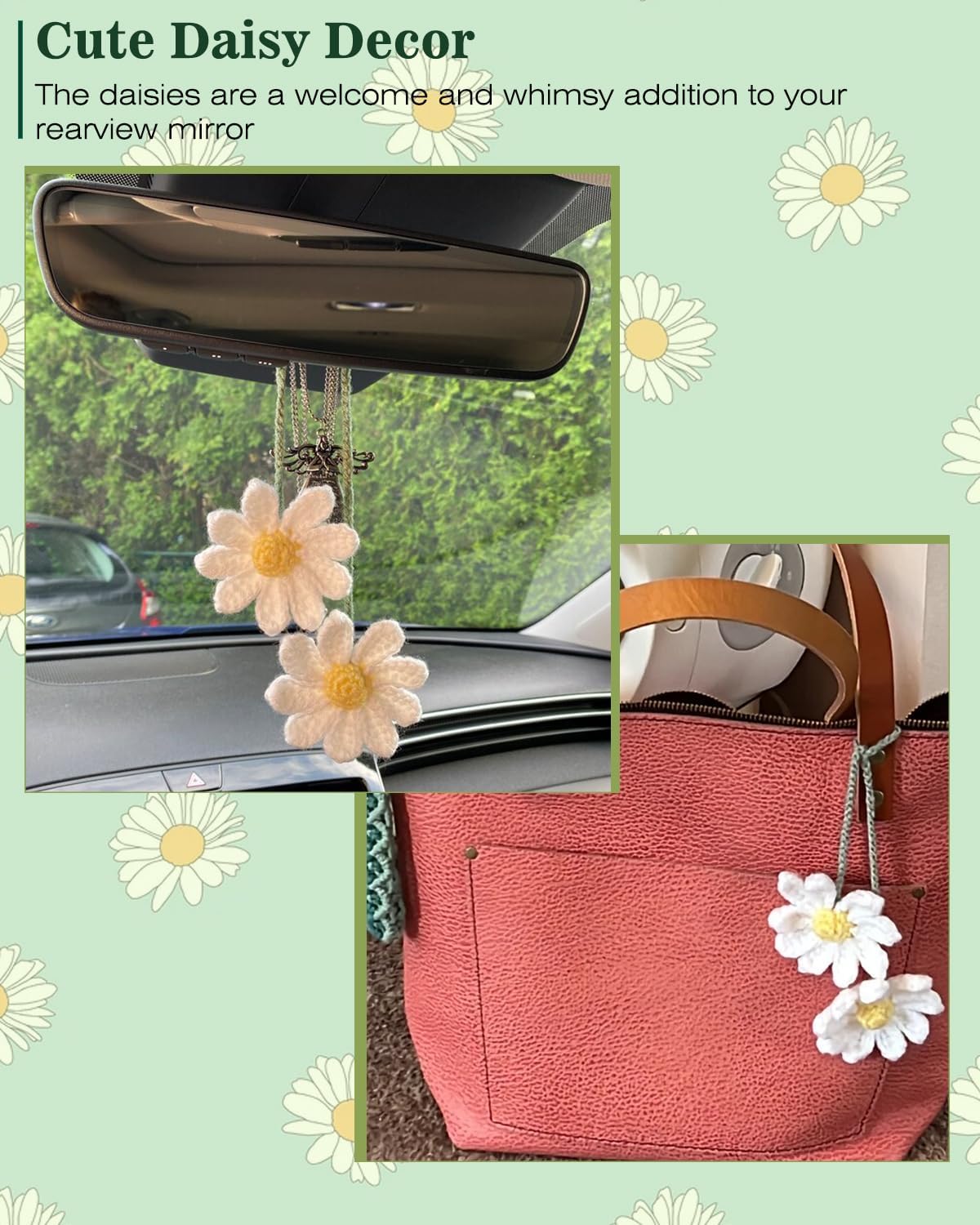 Crochet Daisy Auto Accessories Women Cute Rearview Mirror Charm Crafted Daisy Flower Gift Crochet Enthusiast Car Decoration Car Interior Aesthetics (White) — image 4