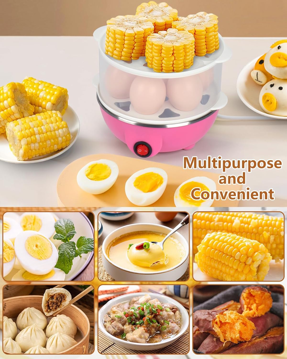 Electric Egg Cooker 14 Egg Capacity Double Layer with Timer Automatic Shut-Off 350W Multifunctional for Steaming Eggs Heating Milk Food Yellow — image 4