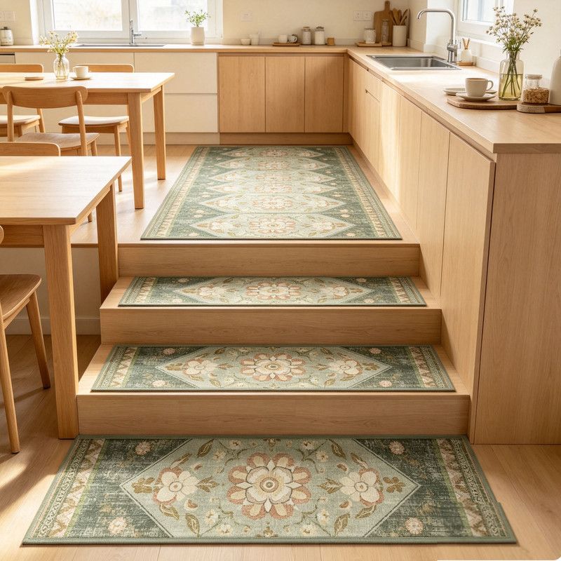 4 Pcs Green Vintage Floral Non Slip Stair Treads, Adhesive Carpet Runners for Wooden Steps Pets and Seniors, 8 × 30 in — image 5