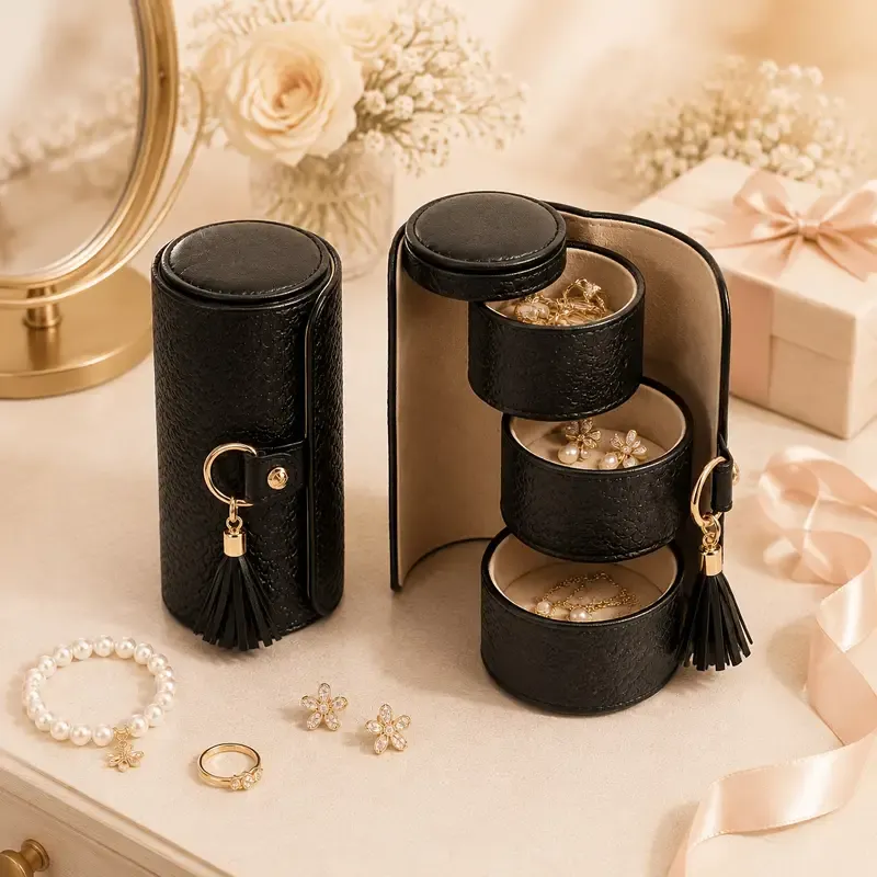✨ Travel Jewellery Organizer Case | Textured PU Leather with Tassel | 3 Compartments for Rings, Earrings & Necklaces | Compact Gift for Her/BLACK