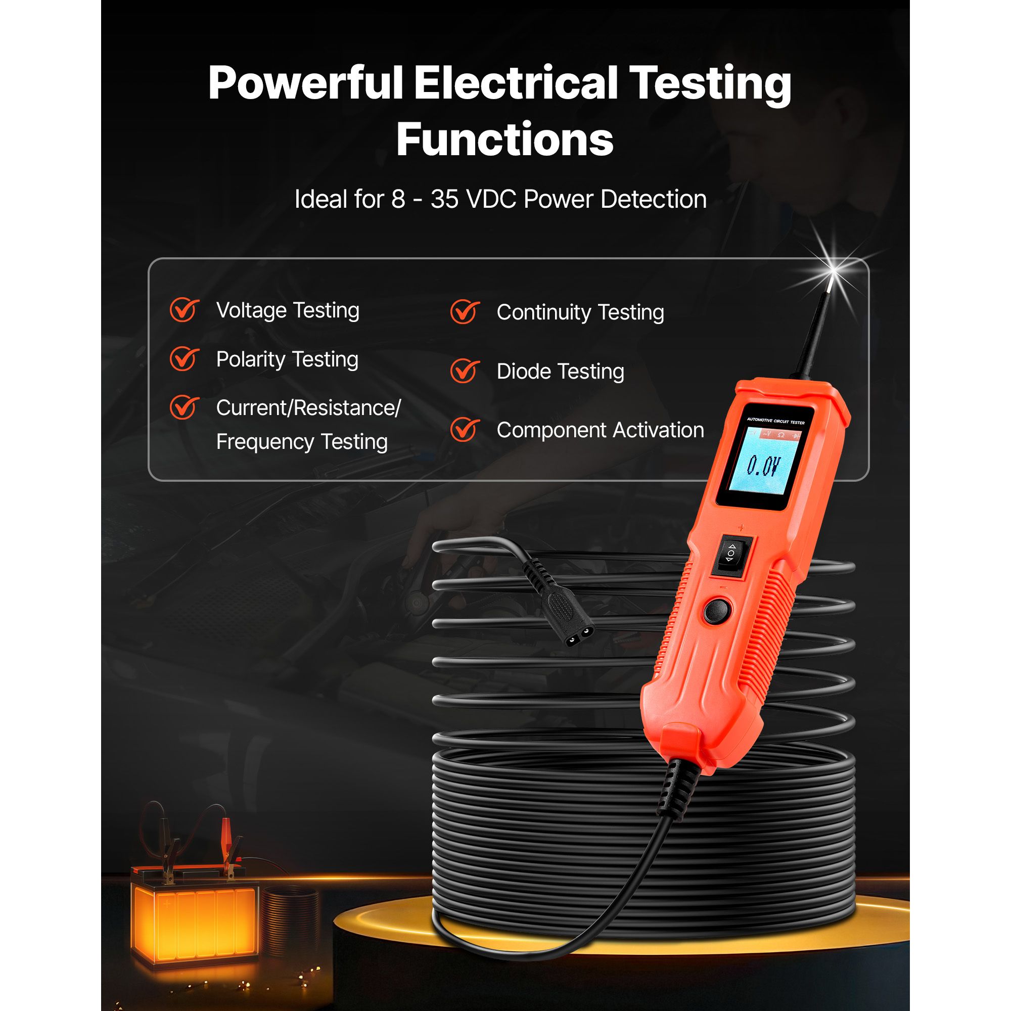 Automotive Circuit Tester, 8 - 35 DCV Power Circuit Probe Tester with TFT Color Display and Lighting, Automotive Power Tester Probe with 13 ft / 4 m Cable, ABS — image 2