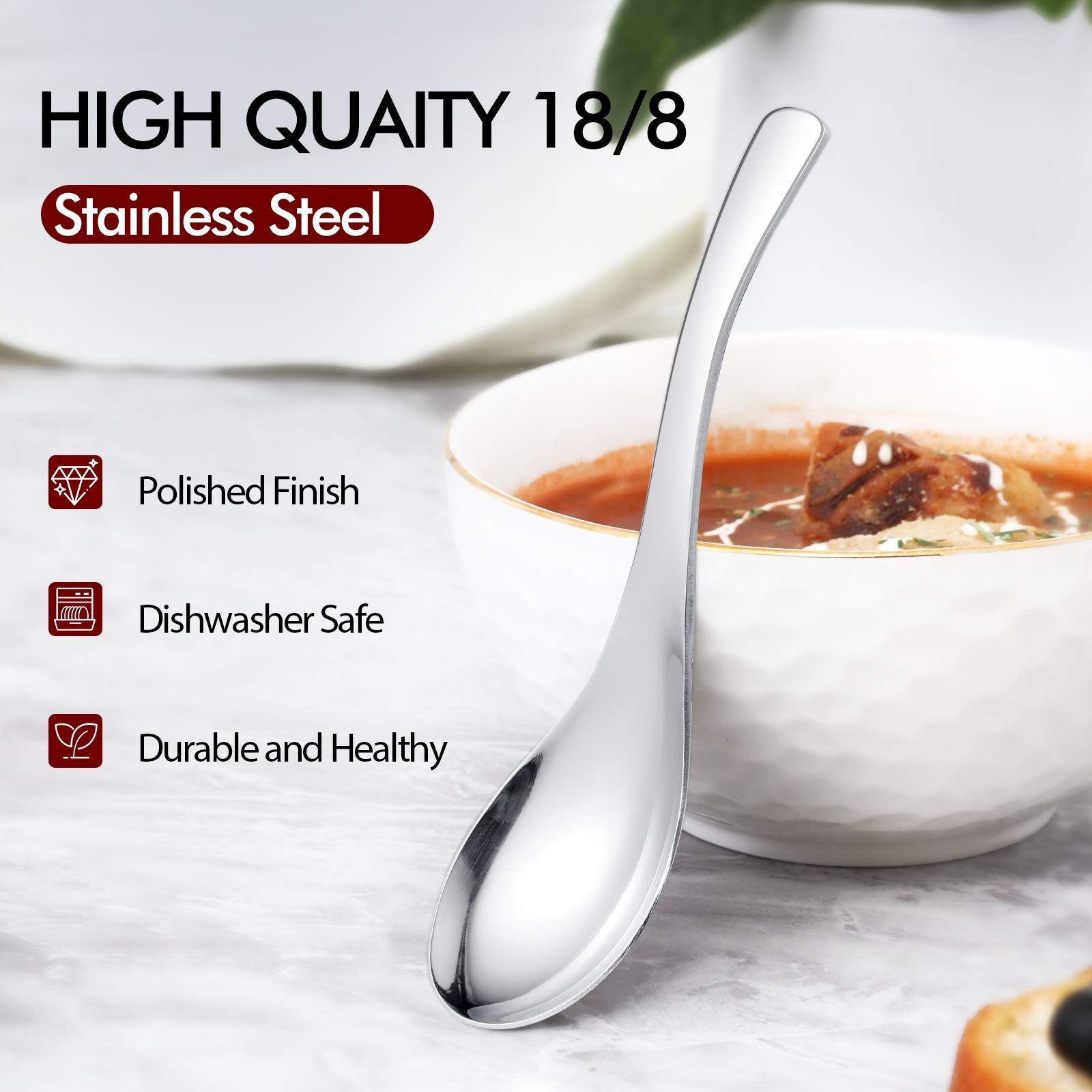 6pc Thick Heavy-weight Soup Spoons, High Grade Stainless Steel Soup Spoons, Table Spoons, Set of 6 — image 3