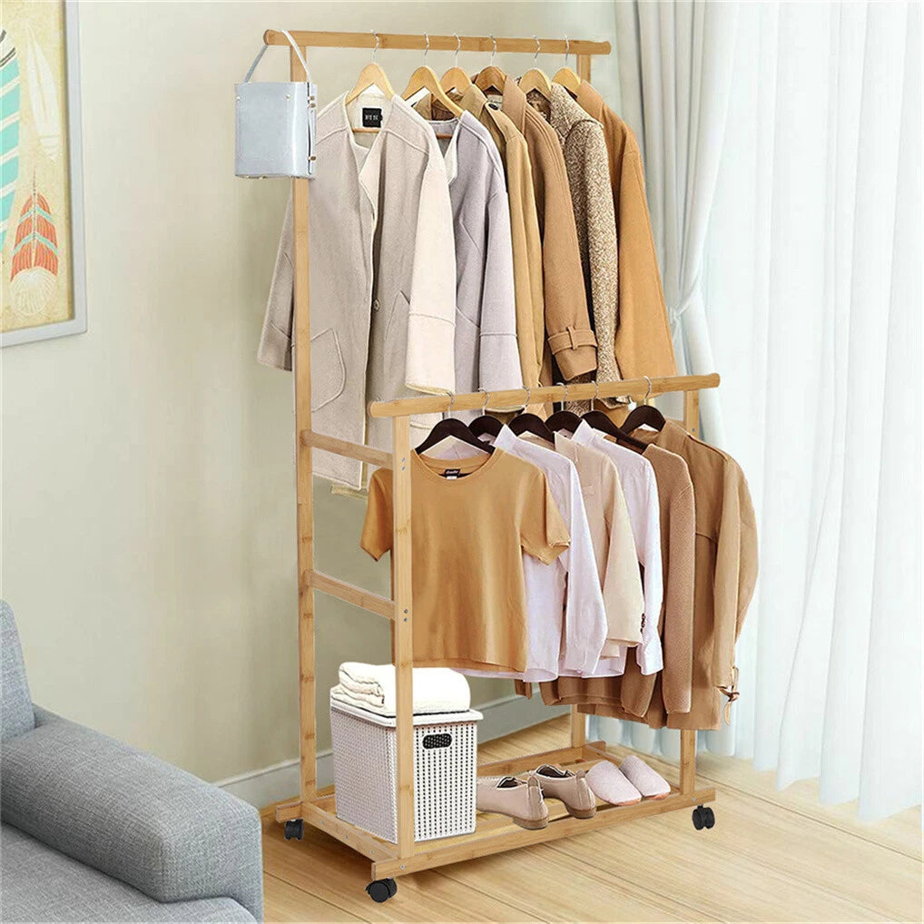 Portable Rolling Bamboo Clothes Rack for Kids with Hanging Rail — image 2