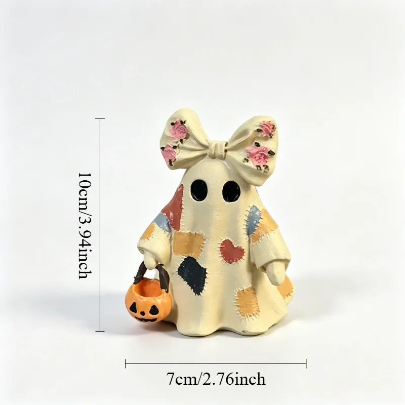 Vintage Patchwork Ghost Resin Figurine, with Bow and Pumpkin Bucket, Autumn Tabletop Decor (No-Light Version) — image 3
