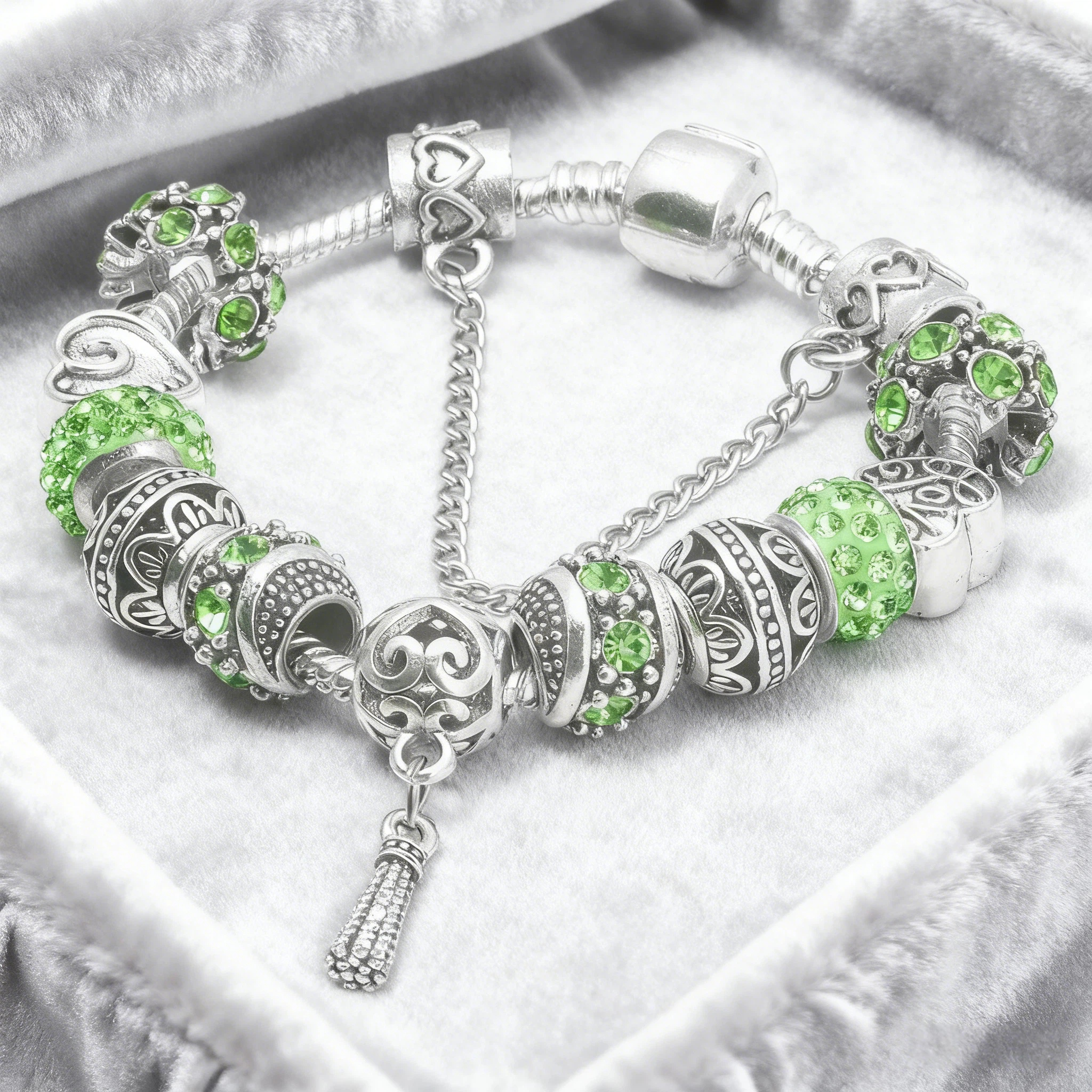 Women’s Vintage Silver-Plated Charm Bracelet - Crystal-Embedded Hollow Carved Multi-Bead Fashion Jewelry(green-19cm) — image 5