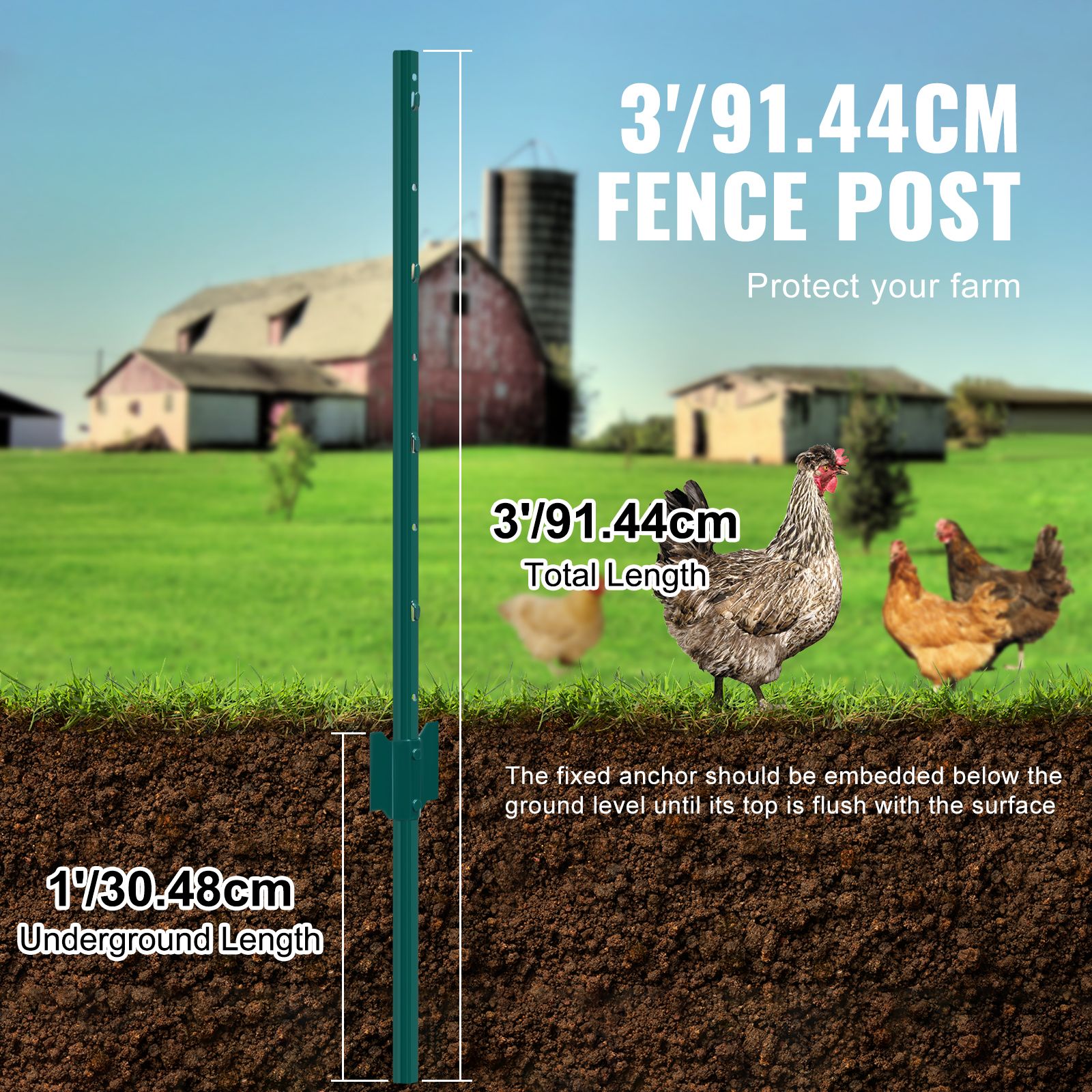 3 Feet Fence Post, 10 Pack U-Channel Heavy Duty Metal Fence Posts, Sturdy Steel Fence Stakes for Garden Yard, Lawn, Farms and Outdoor Wire Fencing, Green — image 3