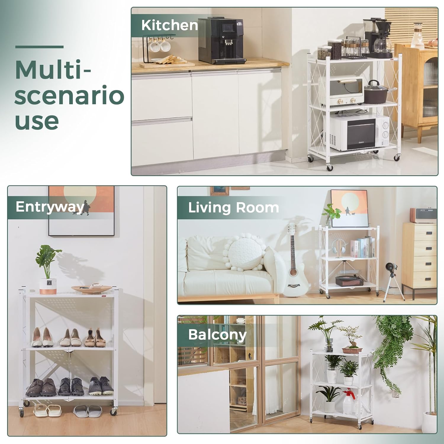 CARLA HOME 4-Tier Foldable Storage Shelf with Wheels for Kitchen, Garage, Pantry or Basement (White) — image 2