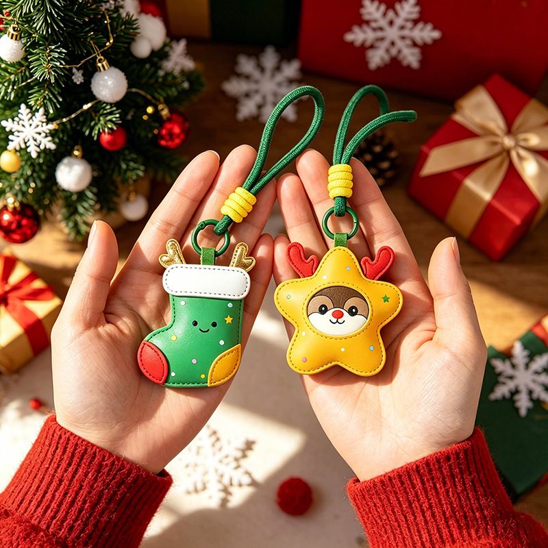 2-Piece Peace Apple Shaped PU Leather Keychains – Cute Holiday Bag Ornaments and Car Decorations — image 3