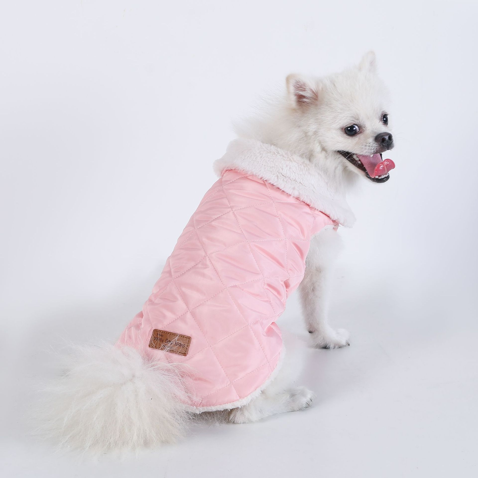 L Size Pink Winter Padded Cotton Dog Thermal Plaid Vest with Faux Fur Collar - Thick Fleece-Lined Warm Pet Jacket — image 2
