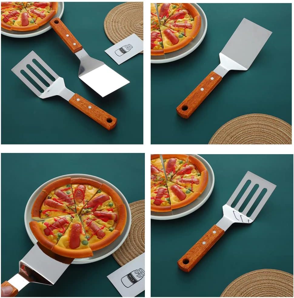 2 PCS Metal Spatula for Cast Iron Skillet, Stainless Steel Grill Spatula Slotted Turner Fish with Wood Handle Flat Top Griddle for Cooking BBQ — image 6