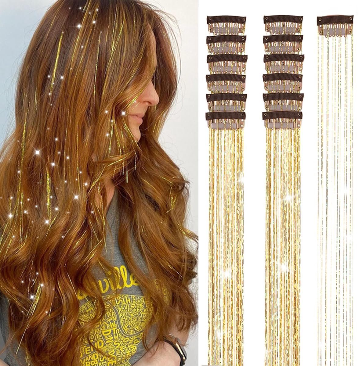 Hair Tinsels - Festival Glitter Hair Extensions - Glittery Hair Extensions - 12-Piece Clip-On Hair Accessory Set - 52cm, Glittery Ha