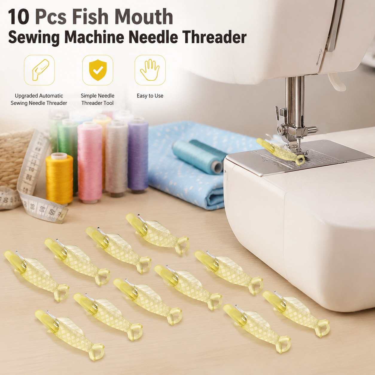 10 Pcs Fish Mouth Sewing Machine Needle Threader,Upgraded Automatic Sewing Needle Threader,Simple Needle Threader Tool(Yellow) — image 2