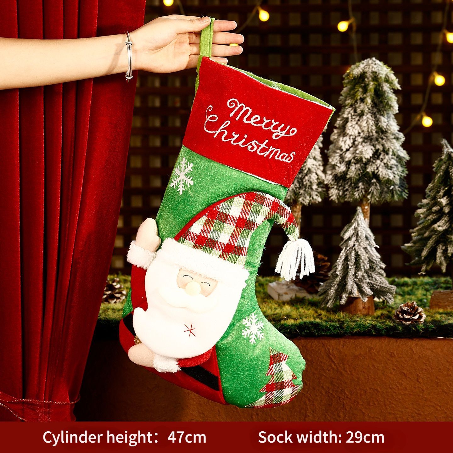 Fluffy plush fabric, 3D appliqués, full of festive charm. Height 45-47cm, holds candies and gifts, decorates Christmas trees and fireplaces, filling the room