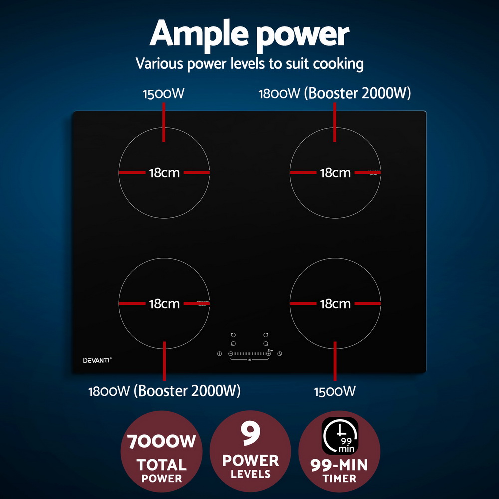 Devanti Electric Induction Cooktop 70cm Ceramic 4 Zones Stove Cook Top Hot Plate 7000W — image 4