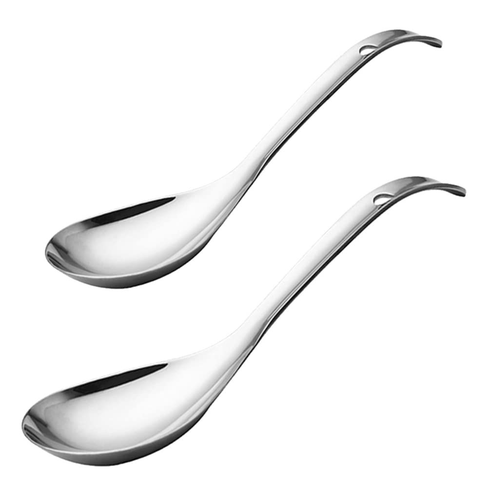 Stainless Steel Soup Spoon Ladle: 2pcs Metal Silver Rice Spoons Long Handle Dinner Spoons for Ramen Pho Wonton Dumpling Miso