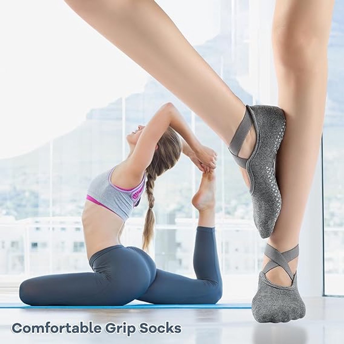 3 pairs of yoga socks - Pilates socks - non-slip socks - sports socks - ballet socks - for yoga pole Pilates dance - black, dark grey and pink — image 2