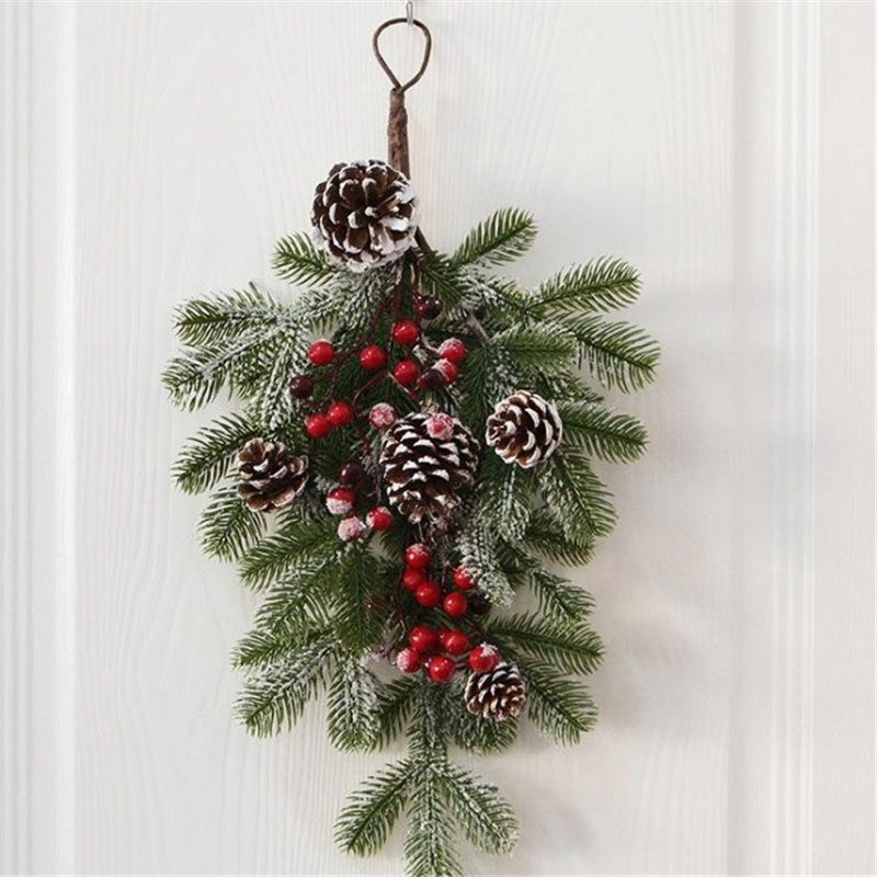 Elegant Flocked Teardrop Swags with Pinecones and Berries, Shimmering Holiday Hanging Decor for Indoor Door Wall Mantel,(55*35cm)