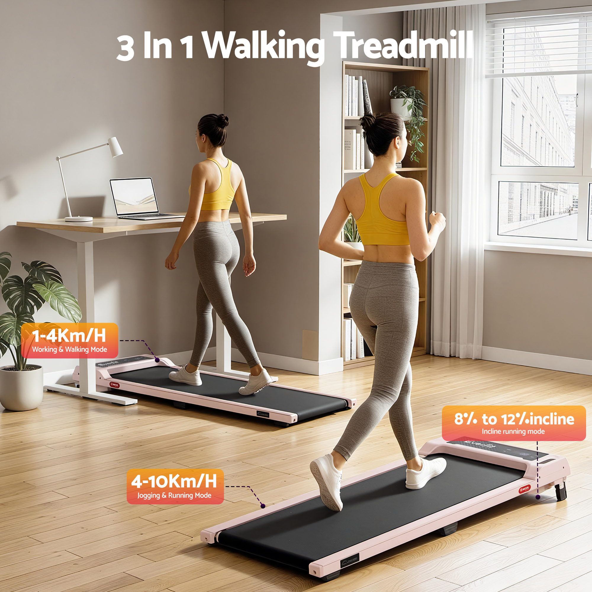 Everfit 3 in 1 Walking Pad Treadmill 12% Incline Under Desk Treadmills for Home Gym With 40cm Wide Belt Pink โ image 4