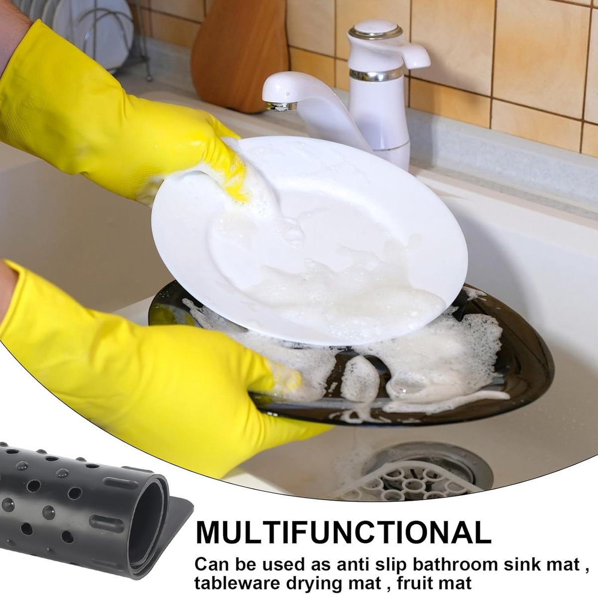 Two-piece sink mat - rubber sink mat - sink protector - sink mat - backsplash - sink protection - drain mat - under-sink kitchen mat - black - rectangular — image 4