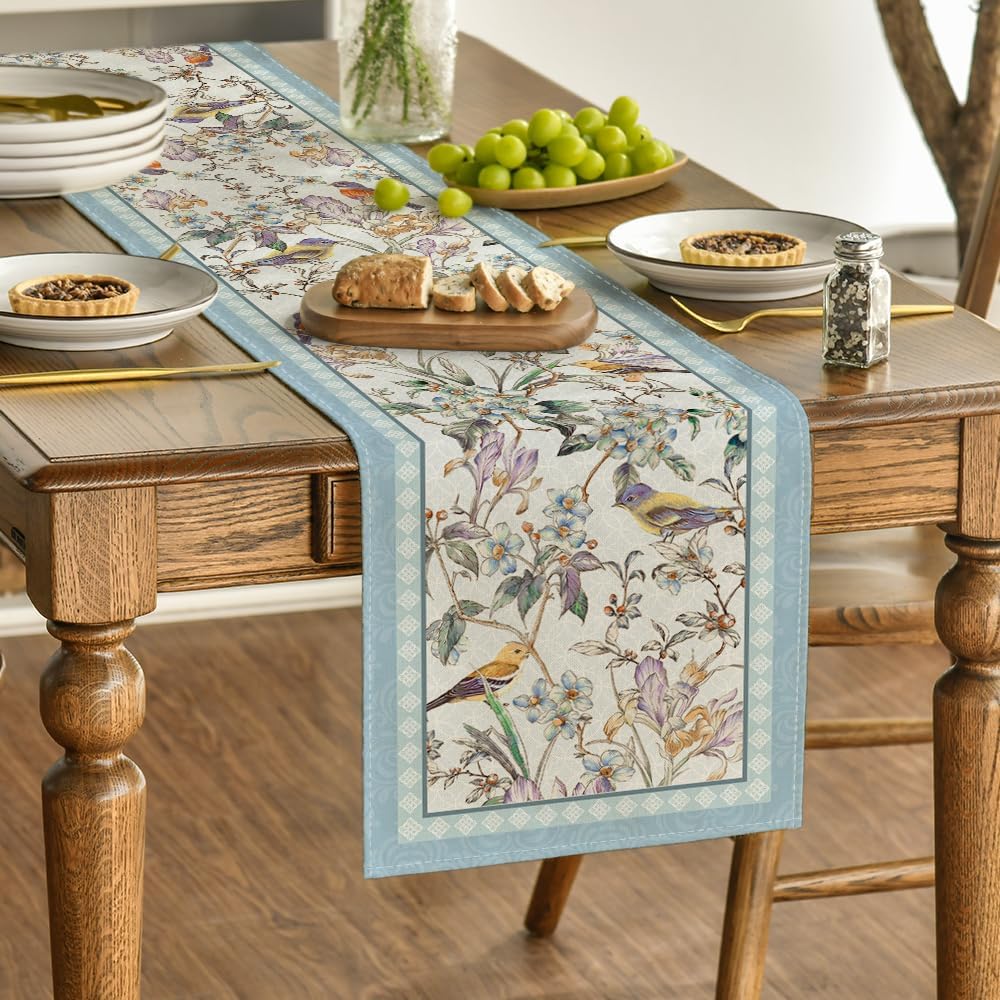 Blue Birds Flowers Blossom Table Runner, Seasonal Spring Floral Kitchen Dining Table Decoration for Home Party Decor 13 × 72 Inch — image 3