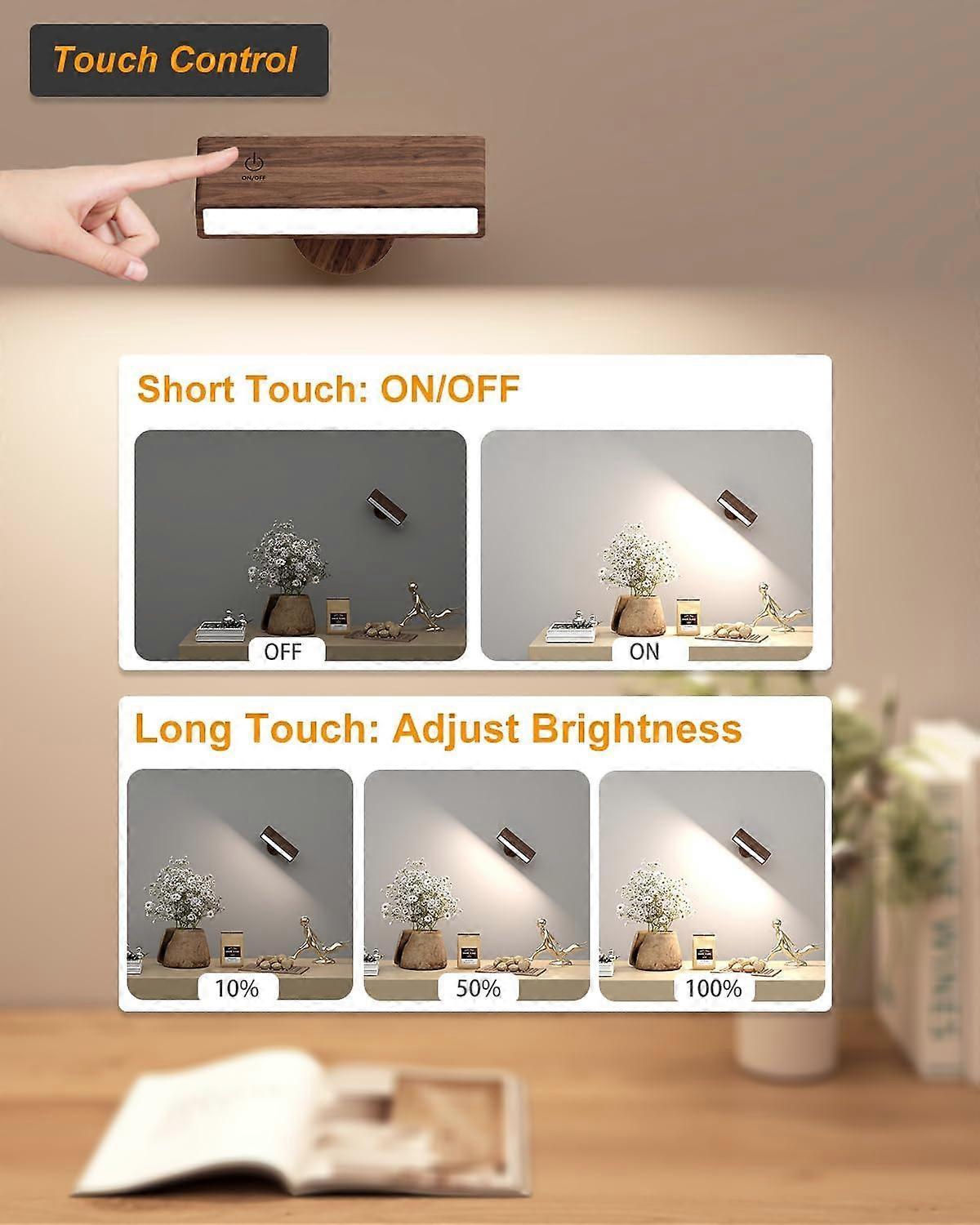 Battery Operated Wall Sconces Set of 2, Rechargeable Wood Wall Lights, Stick On — image 5