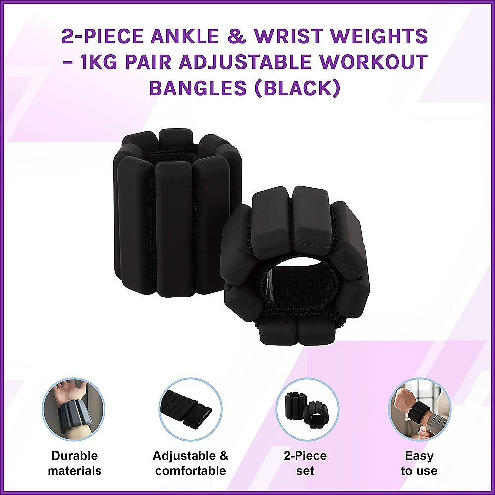 2-Piece Ankle & Wrist Weights – 1kg Pair Adjustable Workout Bangles (Black) — image 3