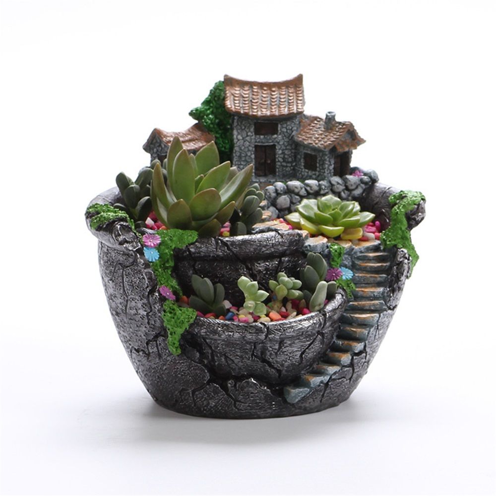 Fairy Garden Planter Plants Pot Tiny Creative Flowers Succulent Plants Fairy House Pot Holders Hanging Garden Design with Sweet House (Sliver) — image 2