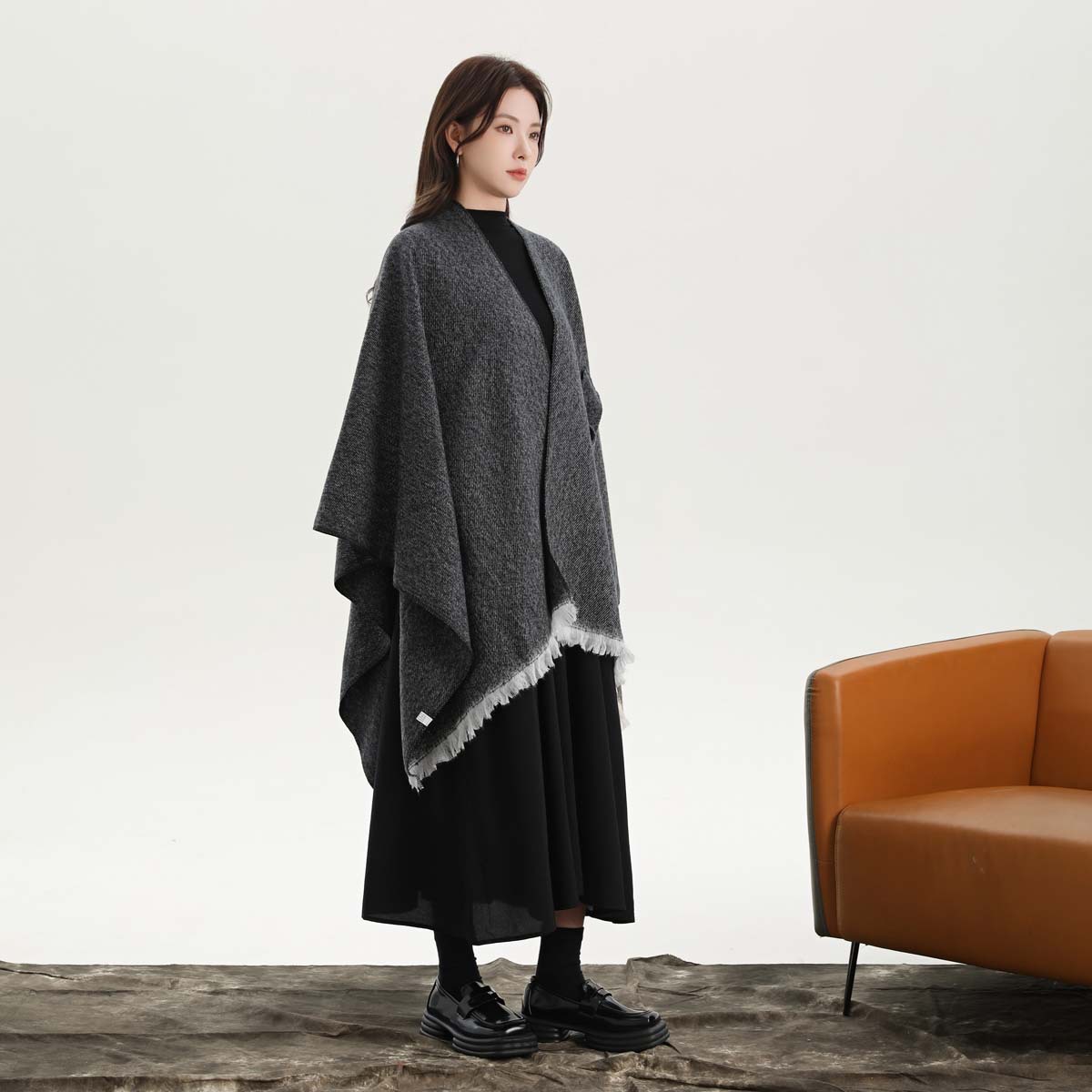 Black and White Elegant Soft Knit Poncho Cape - Warm Autumn Winter Shawl Wrap with Side Tie, Thick & Luxurious Feel — image 5