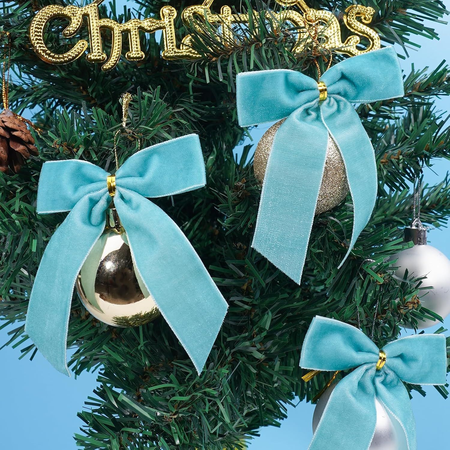 Blue Velvet Bows for Christmas Tree, 24 PCS Velvet Ribbon Bow Ornaments for Xmas Tree, Small Teal Christmas Bows Decorations for Wreaths, Garland, Gift โ image 4