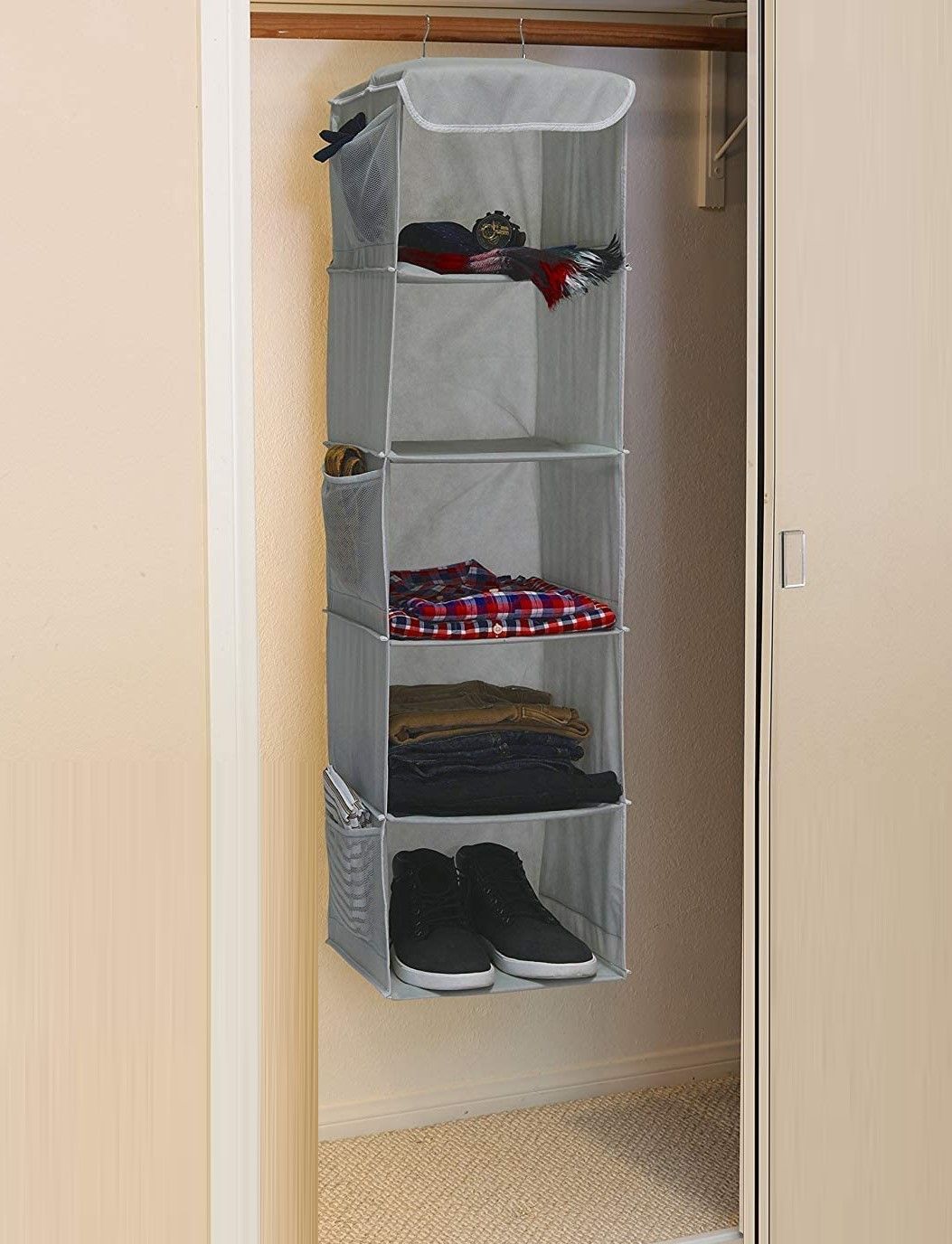 2 Pack 5 Foldable Shelf Hanging Closet Organizer Space Saver with Side Accessories Pockets for Clothes Storage — image 6