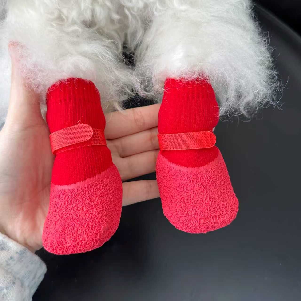 Dog Shoes Waterproof Non Slip PVC Breathable Black wrinkled shoes L large size comes with 4 straps【 4-8kg 】 — image 3