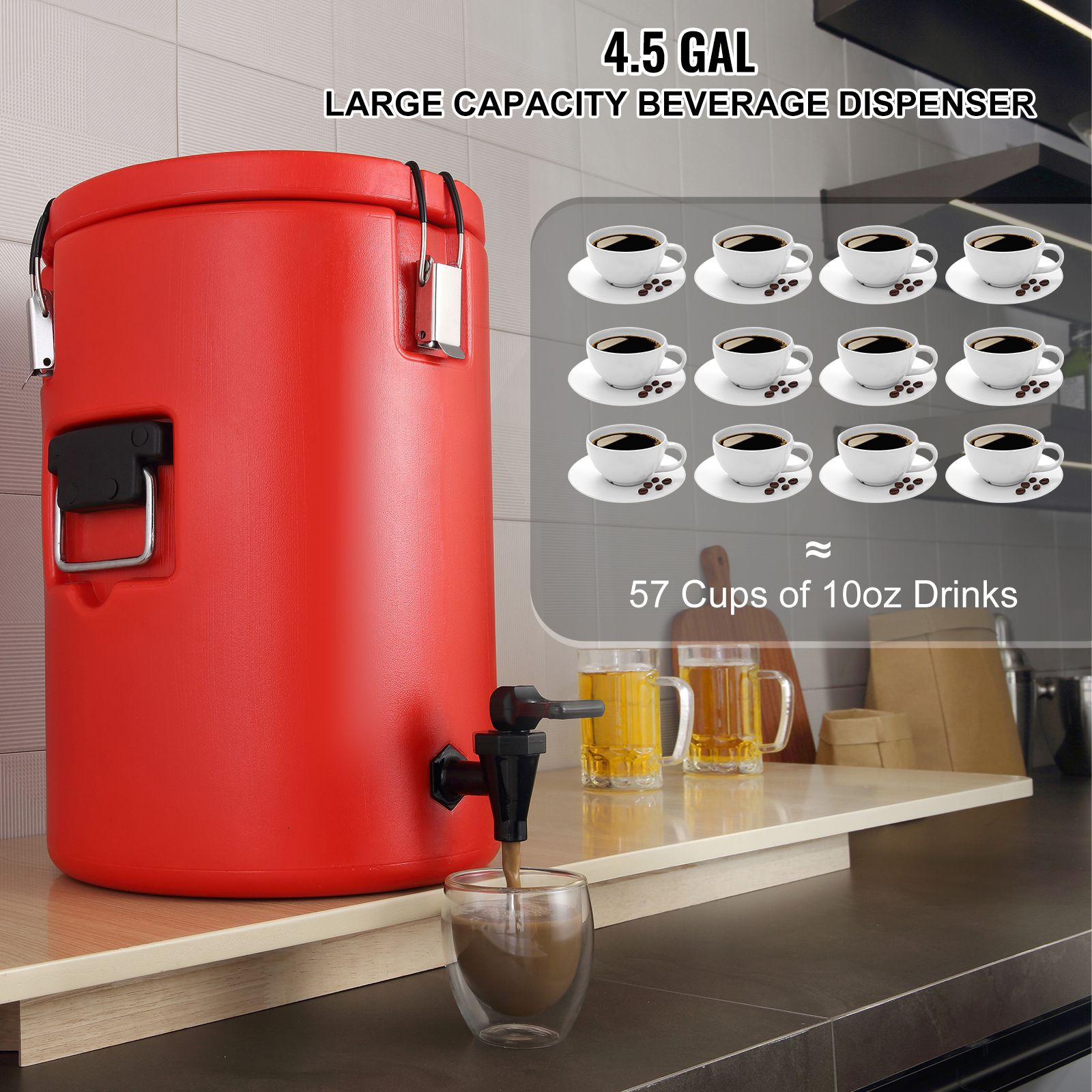 Stainless Steel Insulated Beverage Dispenser, 17.2 Liter, Thermal Hot and Cold Drink Server Dispenser with Spigot Handle, Food-grade for Hot Tea Coffee Water — image 2