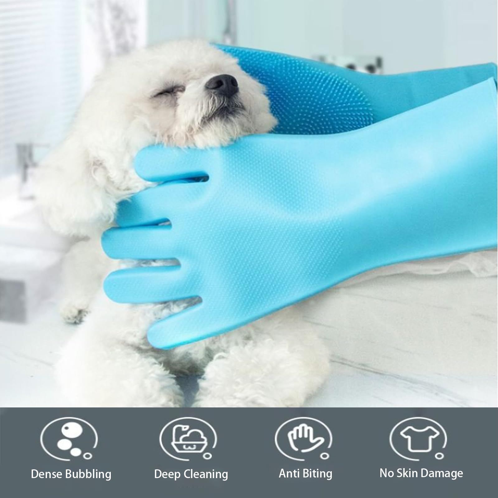 Pet Grooming Gloves, Heat Resistant Silicone Dog Cat Bathing Washing Mitts with High-Density Teeth and Enhanced (Blue, 1 Pair) — image 3