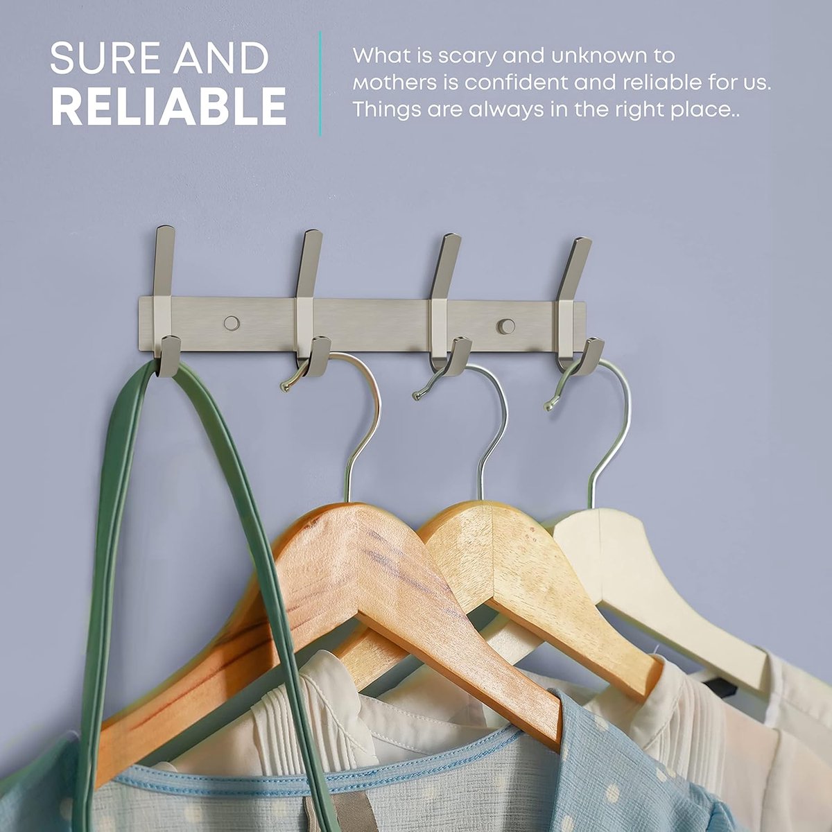 Wardrobe hooks - 4 hooks Stainless steel - Hook strip - Clothes hooks - For wall, wardrobe rail, wall wardrobe for bedroom, bathroom, kitchen - Silver - Coat — image 5