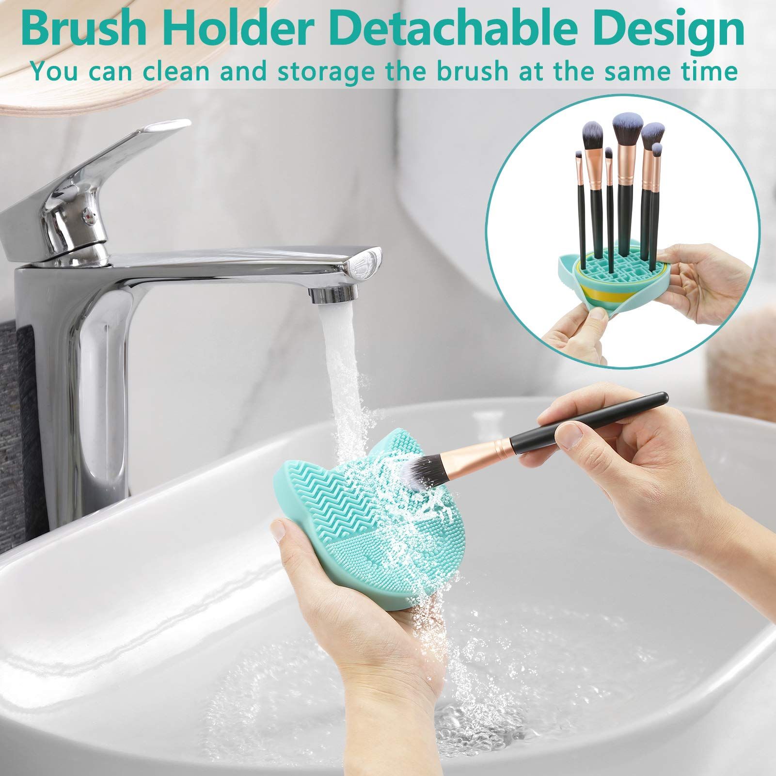 TailaiMei 2 in 1 Makeup Brush Cleaning Mat with Brush Drying Holder, Silicon Cat Shaped Brush Cleaner Pad include(Green) โ image 3