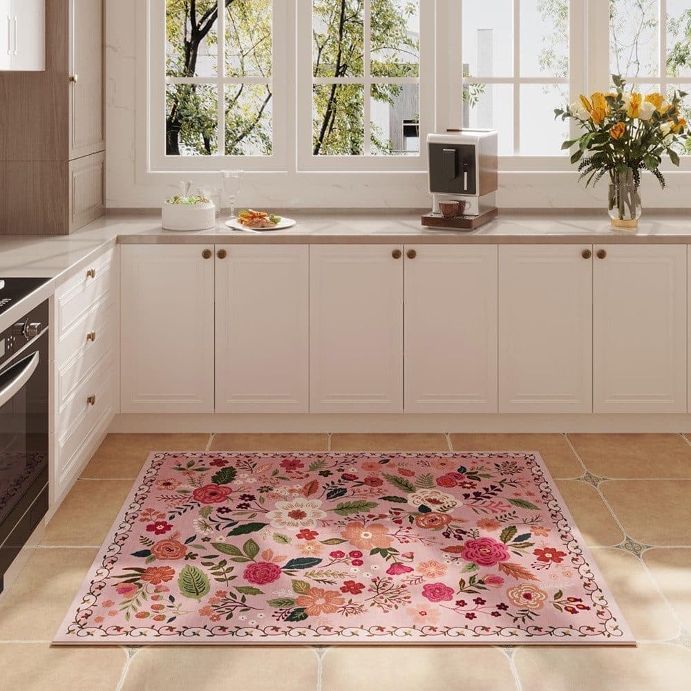 Non-Slip Bohemian Floral Doormat Absorbent Dirt-Resistant Machine Washable for Bathroom Hallway and Kitchen, 40x60cm, Pink — image 6