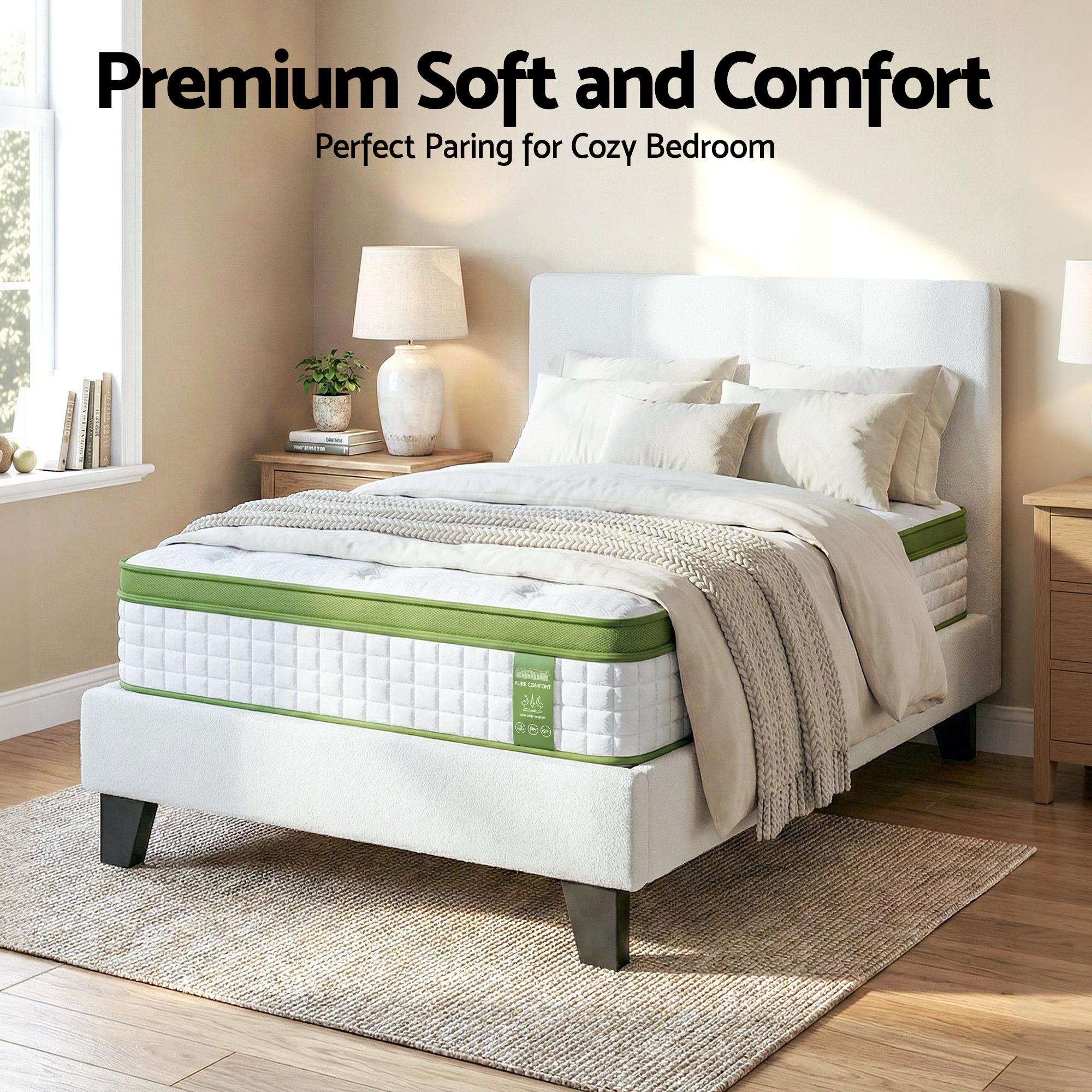 Artiss Single Bed Frame with Hybrid Mattress Set 30cm Medium Firm Platform Headboard Boucle Upholstered Pocket Coil for Pressure Relief — image 4