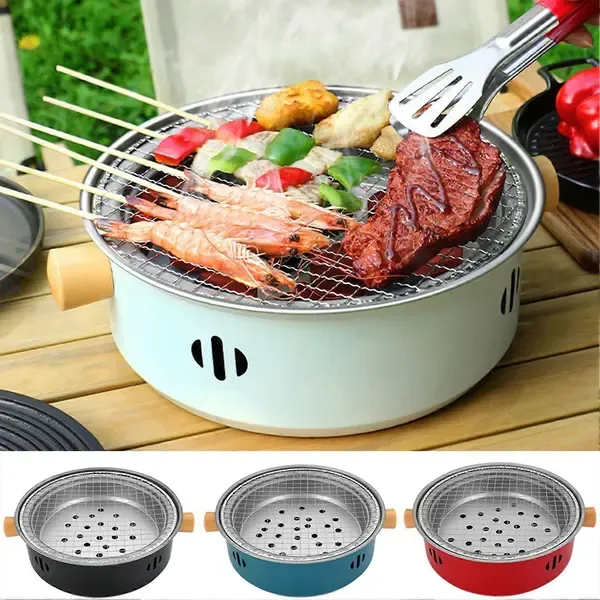 1 Piece Portable Charcoal Grill, Tabletop Iron BBQ with Removable Grate for Indoor Camping, Home Barbecues and Parties, Red — image 2