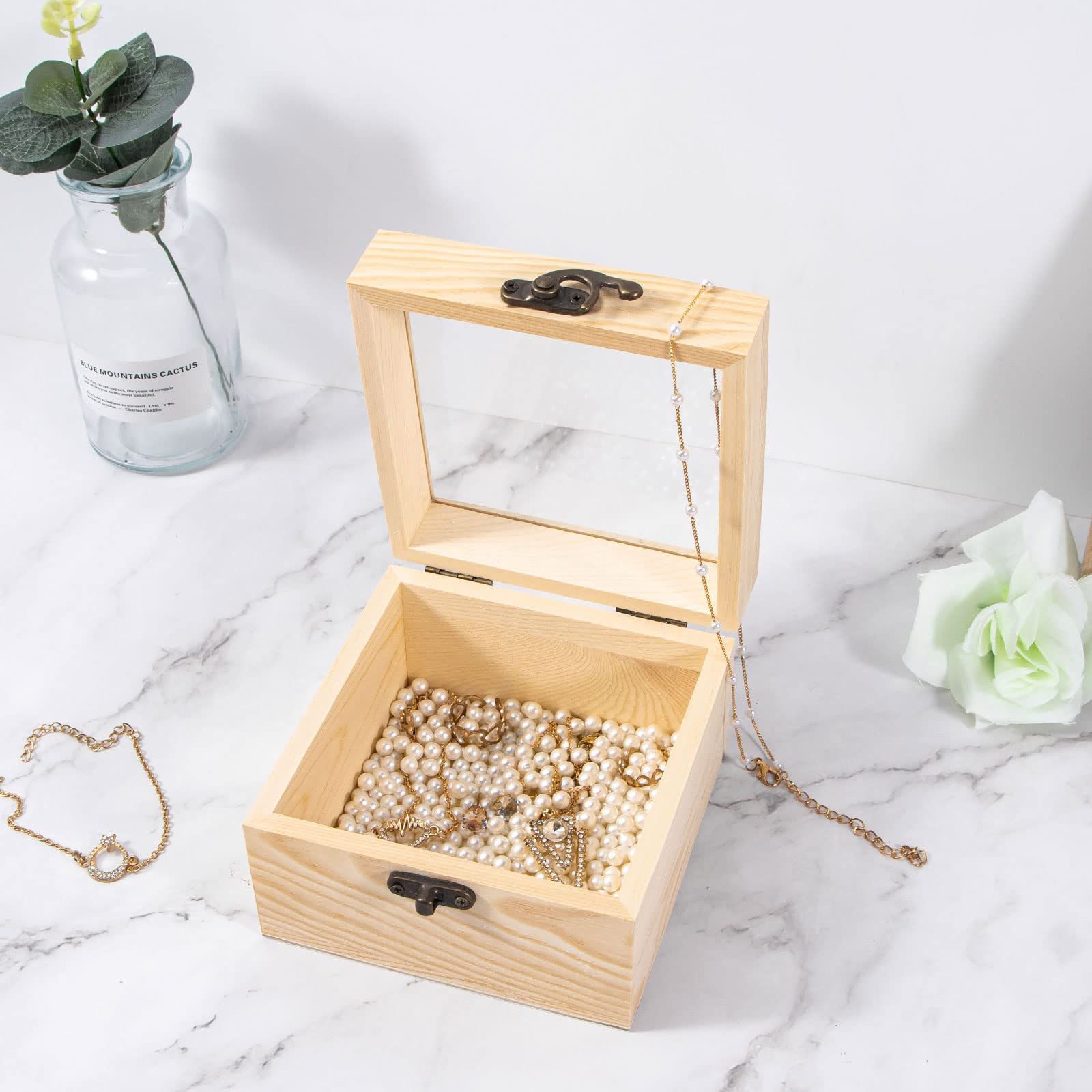 2Pcs Small Wooden Box with Hinged Lid, 4.7'' x 3.1'' Unfinished Wood Box with Glass Lid, Small Wooden Jewelry Box for Gift โ image 3