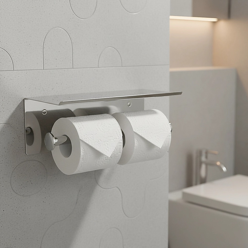 Stainless Steel Double Toilet Paper Holder Towel Roll Tissue Rack Storage Shelf โ image 2