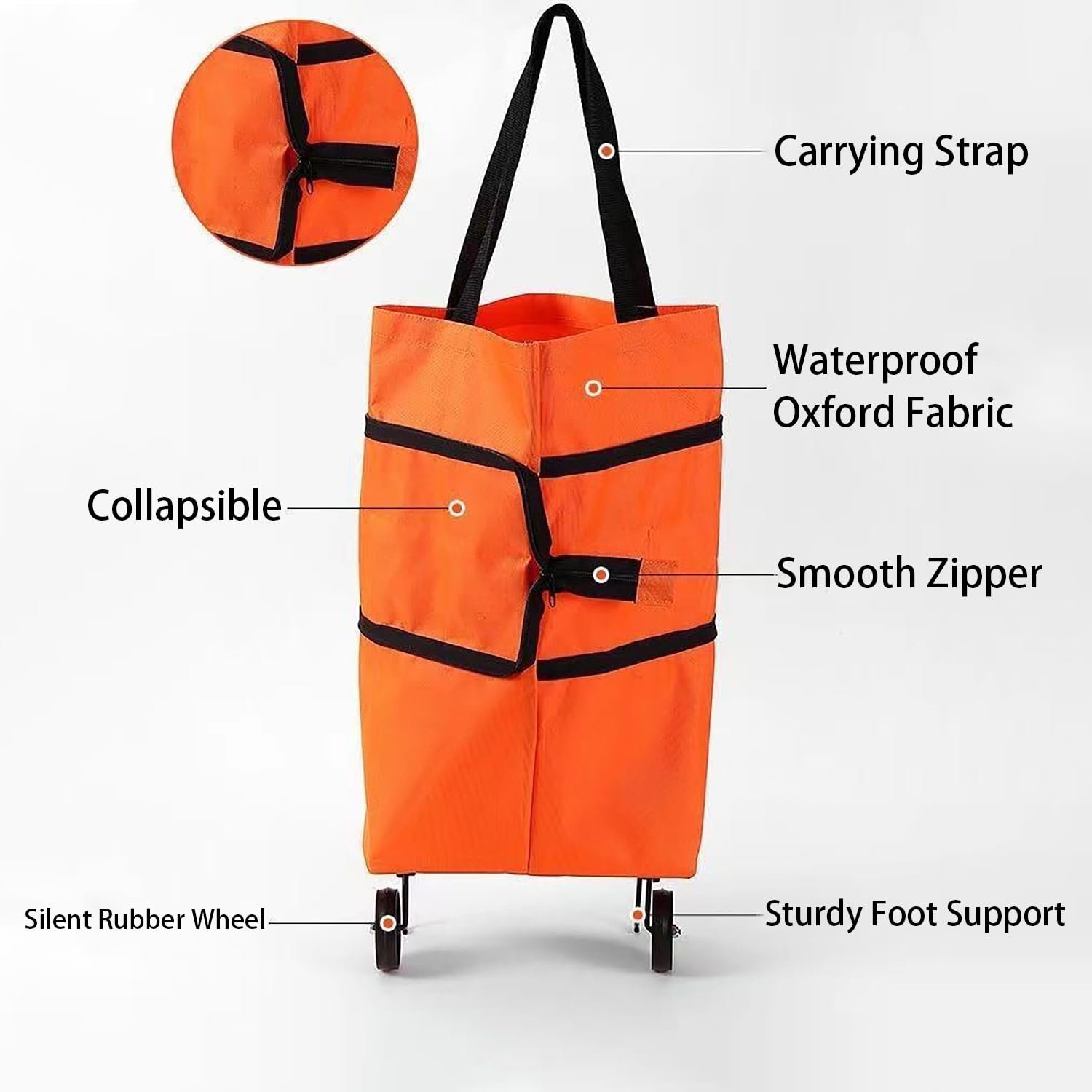 2-in-1 Collapsible Shopping Trolley with Wheels – Foldable Grocery Cart, Reusable Waterproof Oxford Bag for Supermarket, Picnic & Travel (Orange) — image 3