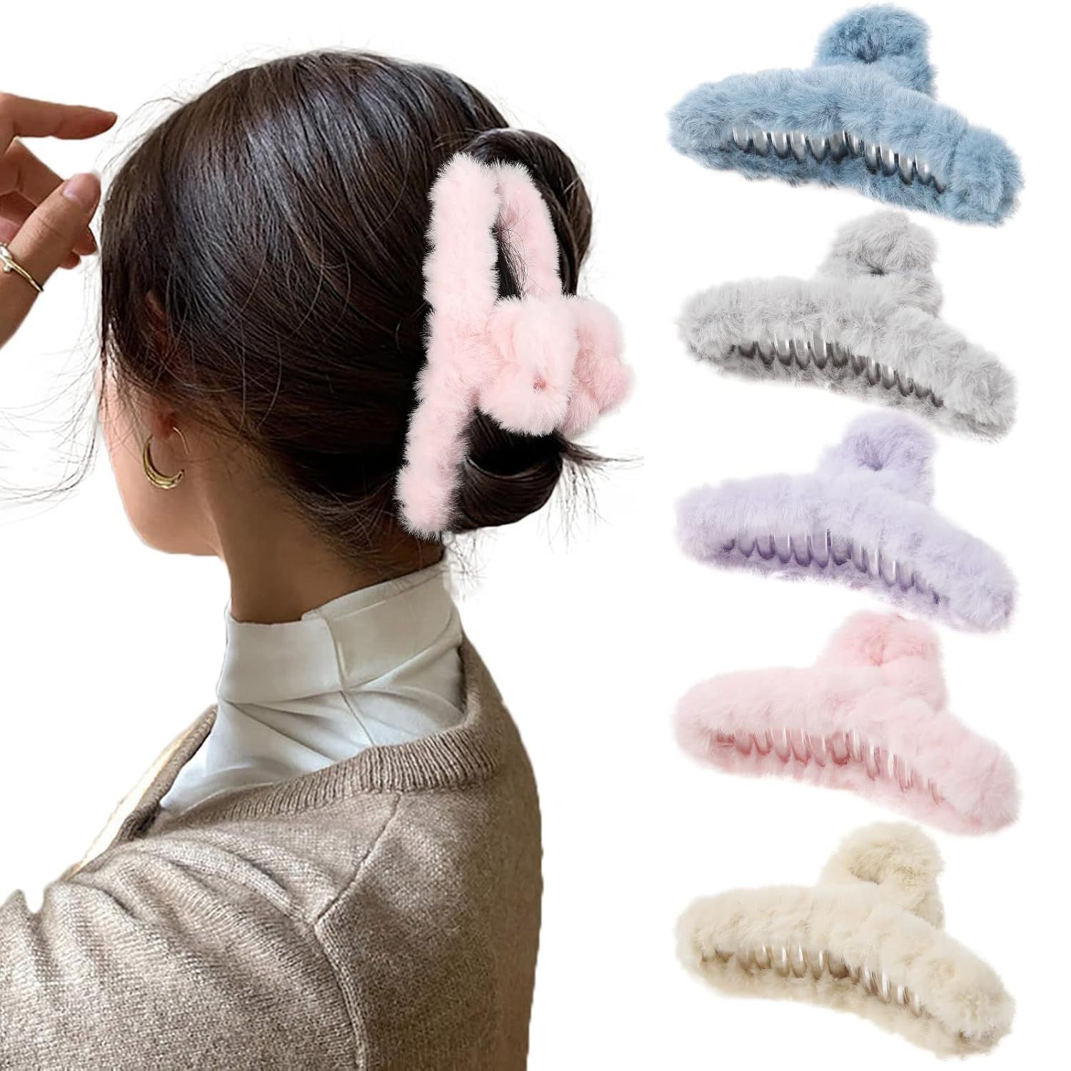 5PCS Large Claw Hair Clips or Thick Hair Big uzzy Hair Clips or Women Nonslip Strong Hold Hair Claw Clip (Plush (Blue+Grey+Pink+Purple+Beige))