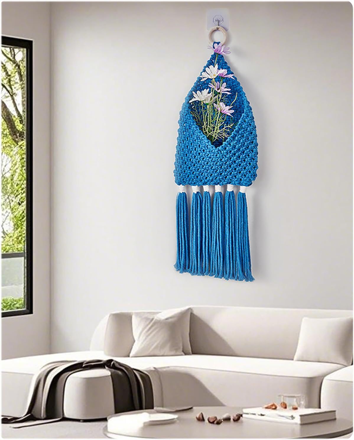 Handwoven Cotton Tassels Wall Hanging Basket Organizers Pocket For Dried Flower Mail Holder Nursery Home Decoration Wall Hanging Basket(Blue) — image 2