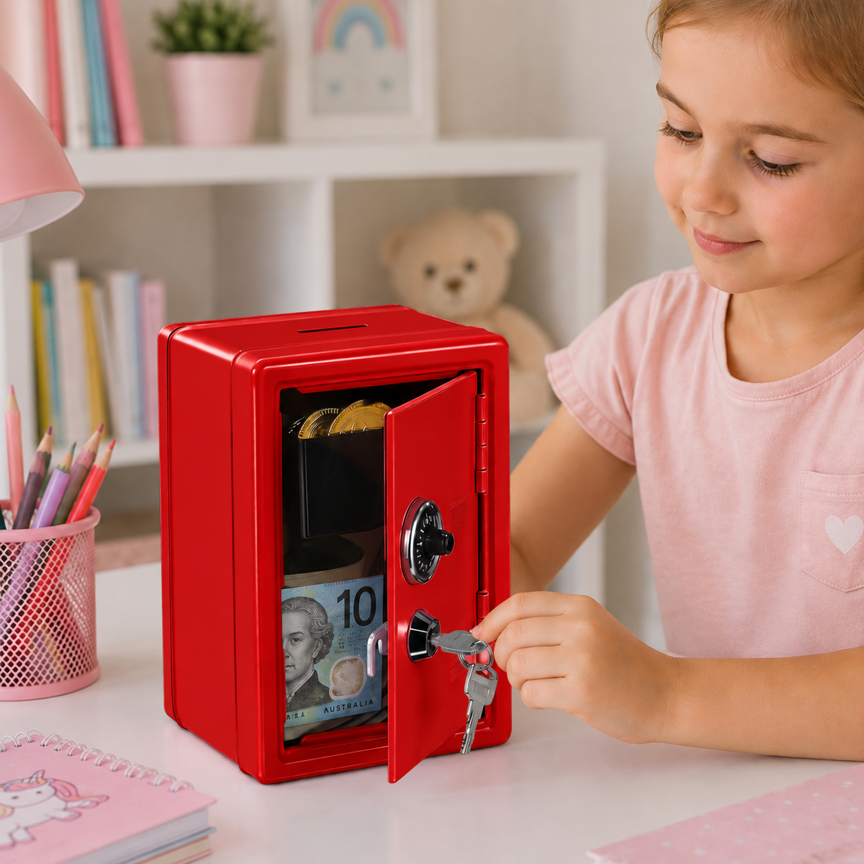 Lockable Metal Money Box, Cash & Coin Storage Box with Key Lock, Compact Piggy Bank For Kids & Adults, Office & Small Valuables-Red — image 6