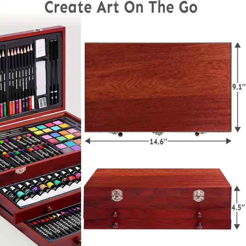 Cherry red 175-Piece Deluxe Art Set with 2 Drawing Boards, Wax Crayons, Acrylic Paints, Colored Pencils, Wooden Storage Case – Professional Painting Kit, Art — image 6