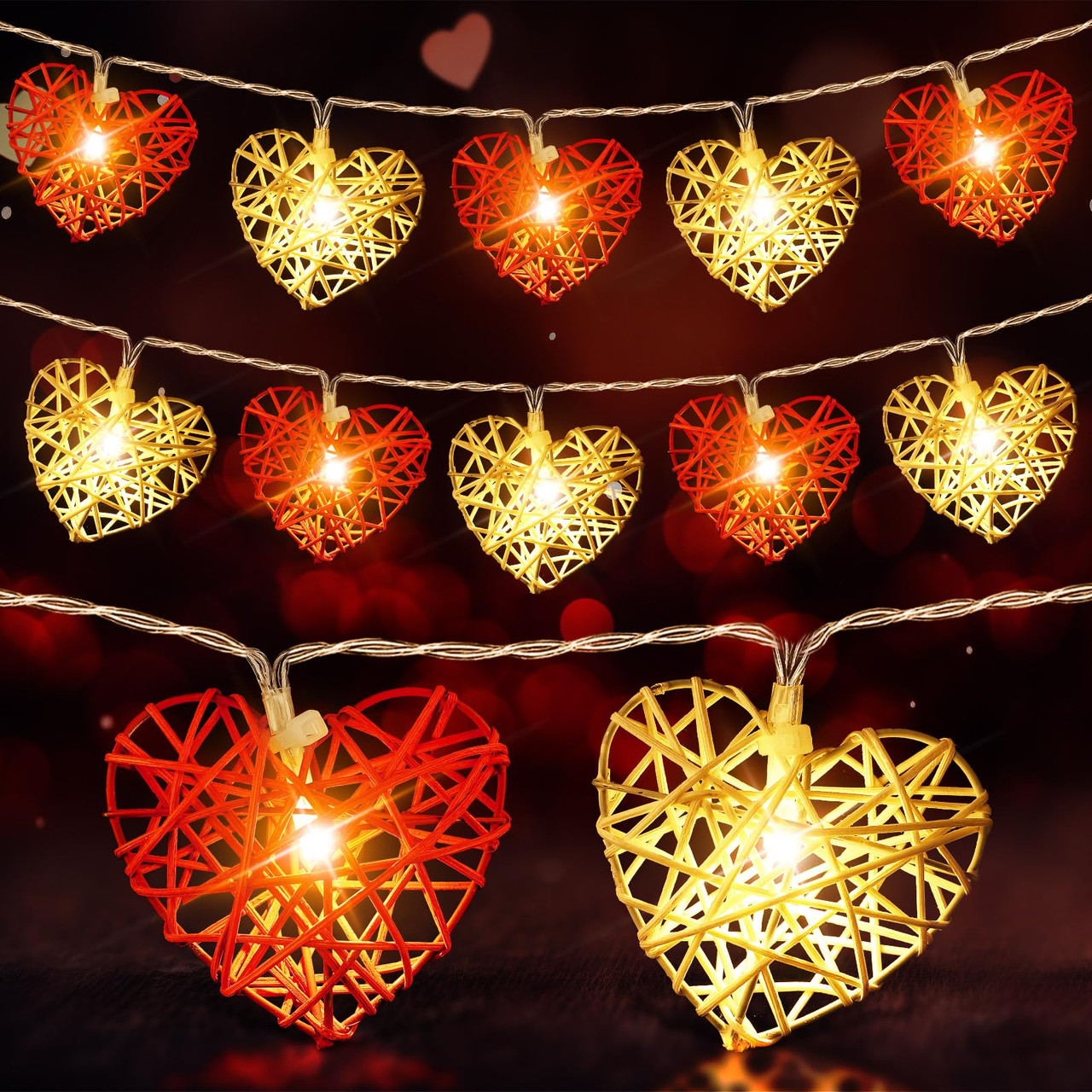 20 Red and White 3D Hollowed Rattan Heart-Shaped 3M String Fairy Lights, Battery (AA) Indoor & Outdoor Decorations Wedding Valentines Romantic Room โ image 3