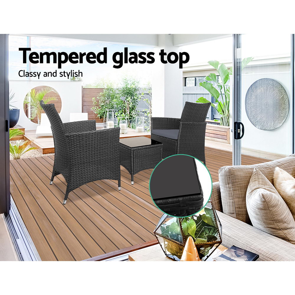 Gardeon 3PC Outdoor Bistro Set Patio Furniture Wicker Chairs Table Cushion All Black โ image 6