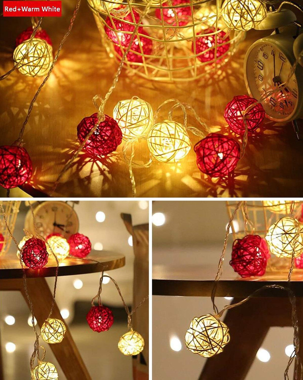 1 Set of Red and White5cm Rattan Cane 20 Ball Battery Powered 3m String Lights Christmas Gift Home Wedding Party Bedroom Decoration Table Centrepiece โ image 3
